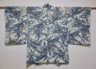 Japanese Kimono Silk Antique Haori / Wave & Flower / White & Blue Gray / Vintage