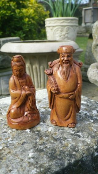 2 Oriental Chinese Japanese Hand Carved From Wood Okimono Figures Netsuke Signed