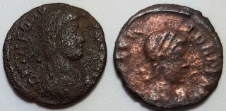 2 X Ancient Roman Empire Coin Theodosius I 379 - 395ad Victory & Campgate Ae4