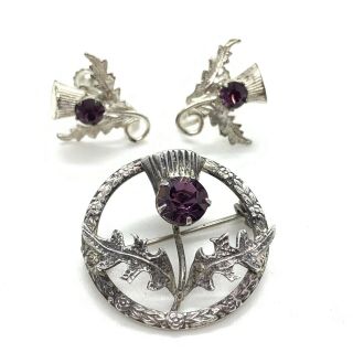 Antique Sterling Silver Scottish Thistle Earrings And Brooch Set Eby955