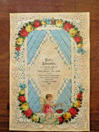 Paper Lace Valentine Card Loves Extenuation Antique Victorian Scrap Album Page