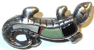 Early Antique Native American Sterling Multistone Mosaic Inlay Lizard Pin Brooch