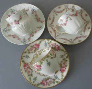3 Asst Antique Limoges Porcelain Demitasse Cups,  Saucers Roses Swags,  Bows