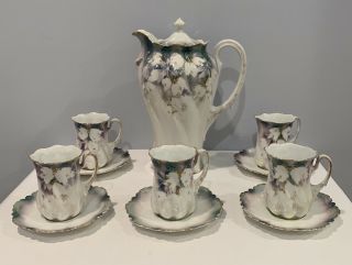 Antique Rs Prussia Dogwood 12 Piece Set Coffee Pot And Lid With 5 Cups 5 Saucers