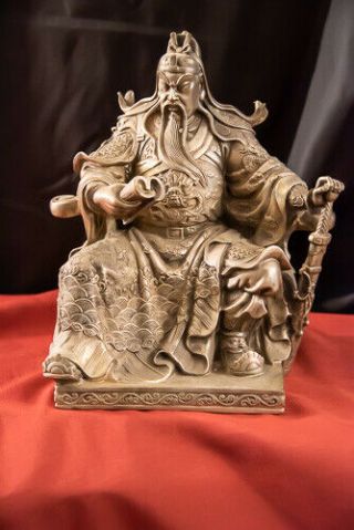 Old Chinese Silver God Of War Statue: Guan Gong Almost 15 Lbs.  12.  6 " High