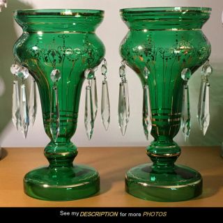 Antique Pair Victorian Green Glass Mantle Lusters Gold Gilt Leaf And Scroll