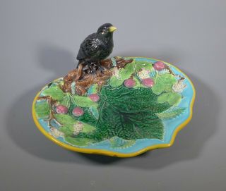 Fine Antique George Jones Majolica Pottery Blackbird & Cherry Dish Dated 1869