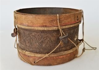19th C Antique 1800s Tin Repousse Wood Toy Drum Child Leather Primitive Aafa
