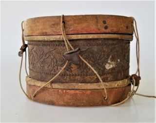 19th C antique 1800s TIN repousse WOOD TOY DRUM child leather primitive aafa 2