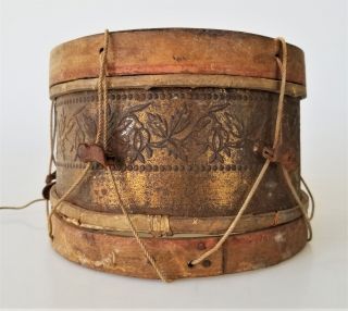 19th C antique 1800s TIN repousse WOOD TOY DRUM child leather primitive aafa 5