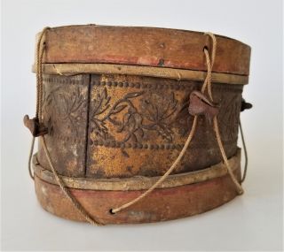 19th C antique 1800s TIN repousse WOOD TOY DRUM child leather primitive aafa 6