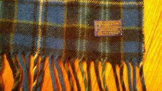 Vintage Pendleton Wool Plaid Blanket Throw Fringe Made In Usa Blue Black