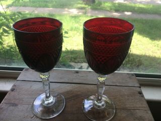 Two (2) ruby red Cristal d ' Arques/Durand ANTIQUE Water Goblets 2