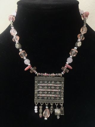 Chico’s Pink Silver Necklace Antique Tribal Pendant Boho Beaded 16” Adjustable
