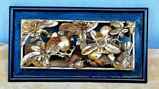 Antique 19c Chinese Wood Gilt Lacquered Pierced Relief Birds,  Fruits,  Temple Panel