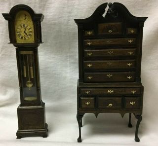 (2) Vintage Dollhouse Miniature Grandfather Clock/ Chest Of Drawers