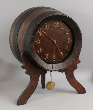 Large Antique Arts & Crafts Solid Oak Beer Or Wine Barrel Barroom Clock,  Nr