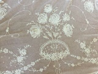Antique Machine Tambour Lace Curtain - Very Long - Cream Flowers/tendrils (b)