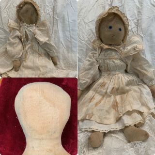 Antique 15” 3 Faced Cloth Doll,  Early,  Primitive,  Old Textile,  Ca 1860s