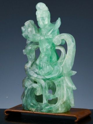 Antique Chinese Carved Green Rock Crystal Fluorite Immortal Figure W Peaches