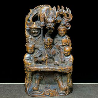 Japanese Netsuke Old Boxwood Collectible Dragon & Guan Yu Ornament Statue P3