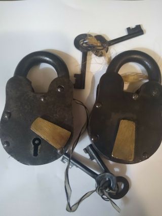 2 Iron Lock & Keys Old Vintage Antique 1800s Style Police Jailer Padlocks