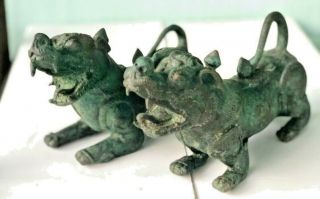 Antique Pair Tibetan Kylin Bronze Temple Guardian Foo Dog Lion Dragon Statue 8 "