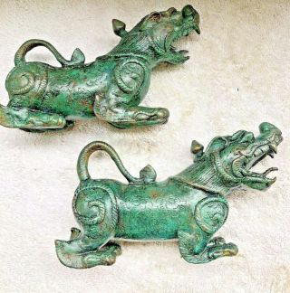 Antique pair Tibetan Kylin Bronze Temple Guardian Foo Dog Lion dragon statue 8 