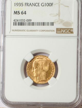 1935 France Gold 100 Francs Ngc Ms 64