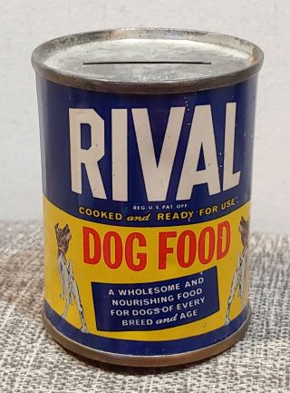 Vintage Antique Rival Dog Food Tin Can Coin Bank 1950s Old Sign Pre - Zip Code