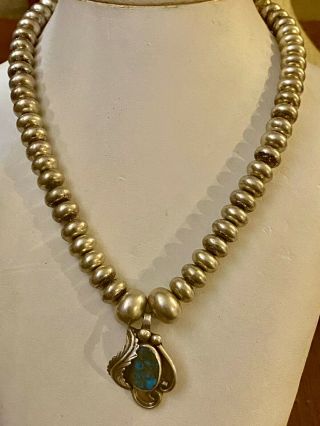 Antique Old Pawn Handmade Sterling Silver Beads & Turquoise Pendant Necklace