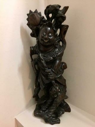 Large Chinese Carved Hardwood Figure Of Immortal With Foo Dog