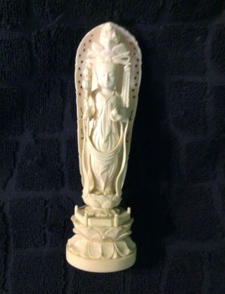 Antique Hand Carved Bovine Bone Asian Goddess Statue Inlaid Red Seal 6” Tall