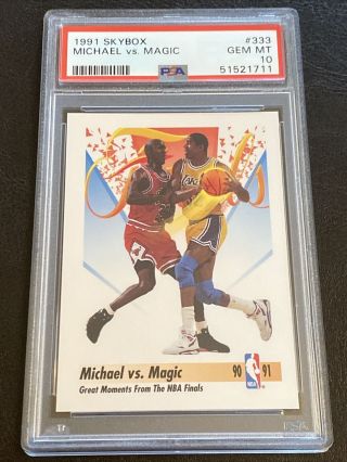 1991 - 92 Skybox Psa 10 Gem 333 Michael Jordan Vs.  Magic Johnson Nba Card