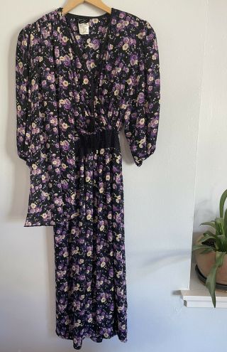 Vintage 80s Diane Freis Georgette Chic Dress Floral Boho Purple Flowers