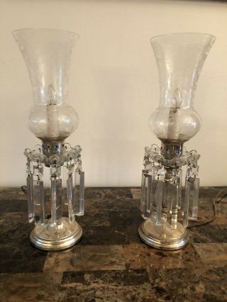 Set Of Two Antique Crystal Hurricane Lamps With Prisms - Etched Glass Shades