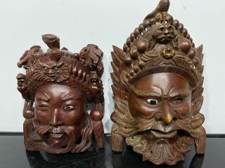 Vtg 2pc Chinese Carved Wood Emperor Mask Art Statue Sculptures