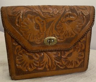 Vintage Hand Tooled Stitched Brown Leather Handbag Purse Floral