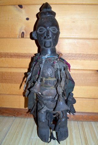 Antique African Yaka Tribe Carved Wood Fetish Figure Bound W Fabric Congo Africa