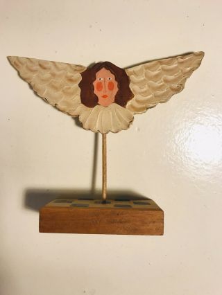 1987 Og Signed Vintage Nancy Thomas Wood Angel With Flying Wings Folk Art