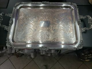 Vintage Large Ornate Silver On Copper Butler Serving Tray With Handles