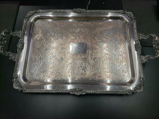 Vintage Large Ornate Silver On Copper Butler Serving Tray with Handles 3