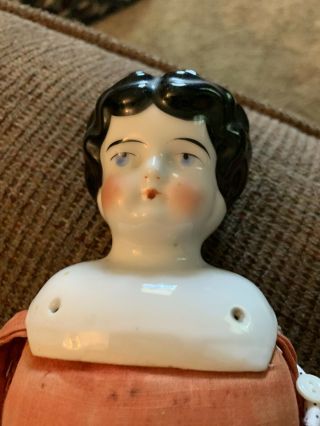 Antique German Doll China Shoulder Head 15”tall Low Brow Black Molded Hair
