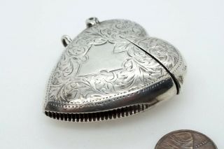 ANTIQUE ENGLISH SILVER HEART SHAPED VESTA CASE / MATCH SAFE by W H HASELER c1904 2