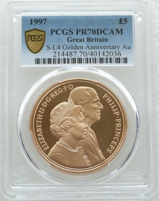 1997 Royal Golden Wedding £5 Five Pound Gold Proof Coin Pcgs Pr70 Dcam