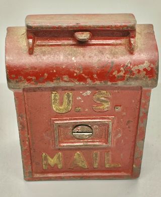 Antique Cast Iron U.  S.  Mail Post Box Piggy Bank Still Usps Red Paint 4 - 1/2 "