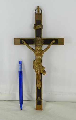 Rare Antique French Crucifix Bronze & Ebony Wood 10.  8 X 5.  1 "