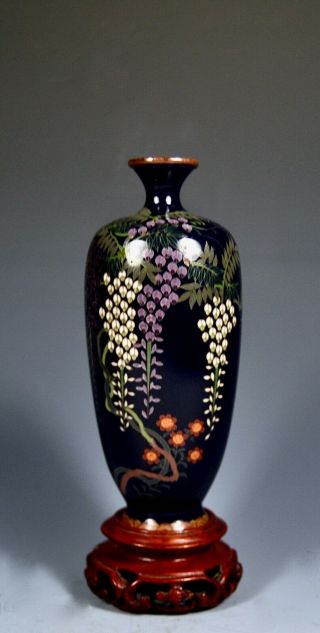 Fine Silver Wire Antique Japanese Meiji Cloisonne Vase With Hanging Wisteria