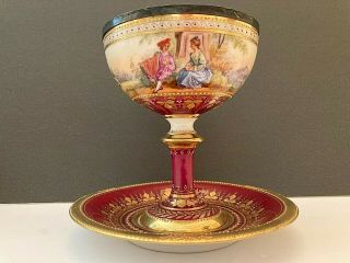 Antique Lamm Dresden Ambrosius Hand Painted Pedestal Cup Saucer Luster Red