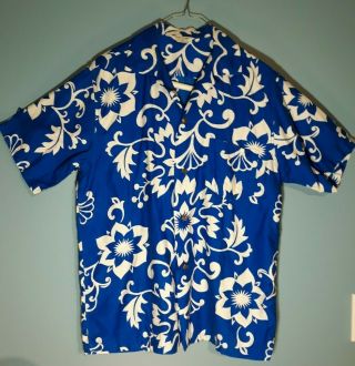 Vtg 1950s 60s Tab Collar Hawaiian Shirt Blue White Cotton Floral Medium Slim
